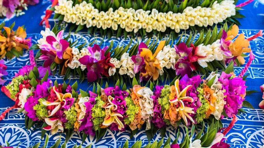 Garlands of flowers in French Polynesia, traditional flowers crowns